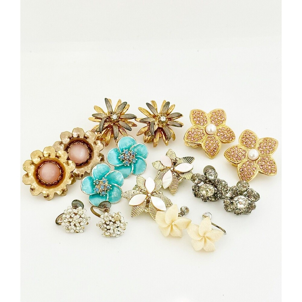 Vintage Flower Clip On Earrings Lot Rhinestones Enamel 8 pair